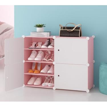 Imagem de Armário de sapatos montado, armazenamento de sapatos de plástico, suporte para sapatos com portas, fácil montagem para guardar sapatos, organizador de sapatos, prateleira de armário modular, rosa (2
