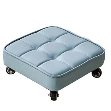 Imagem de SGeneE Banco de rolamento baixo com rodas de freio, banquinho de pedicure, banco quadrado com rodinhas curtas com rodas giratórias universais de couro, pequenos bancos pequenos verdes (azul)