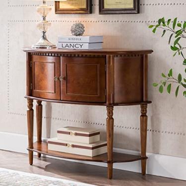Imagem de Console, mesa de console de madeira com portas duplas de armário, mesa de entrada em forma de meia lua, mesa de sofá estreita para sala de estar, entrada, corredor (cor: nogueira, tamanho: 86 x 36 x