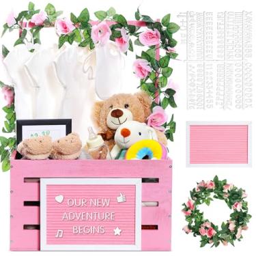 Imagem de Barydat Armário de madeira para chá de bebê, cesta de bebê com alça e kit de cartas, guirlanda, chá de bebê, caixa de presente de madeira, cesta personalizada para anúncio de gravidez, novo pai (rosa)