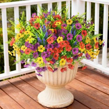 Imagem de Homsunny Plantas artificiais falsas para decoração de primavera ao ar livre, flores falsas, margaridas de seda, plantas de eucalipto, resistente a UV para vaso externo, varanda, jardim, decoração de