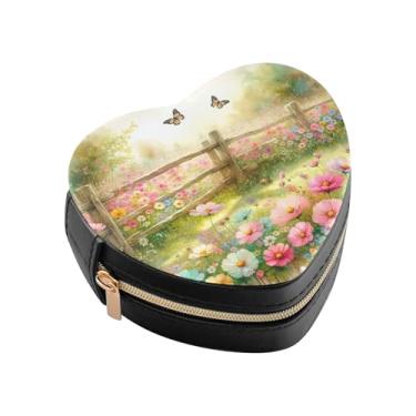 Imagem de Burbuja Caixa de joias em forma de coração de jardim de primavera mini estojo de joias de viagem para mulheres e meninas, estojo portátil organizador de armazenamento para brincos, anéis, colares e