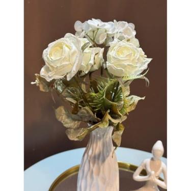 Imagem de Flores Artificiais Peônia e Rosa 16 Flores para Decoração Casamento Arranjos Festas Casa(BQ rosa e hortência creme 7)