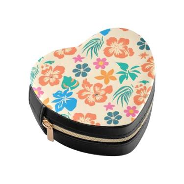 Imagem de Burbuja Caixa de joias em forma de coração com flores de hibisco, mini estojo de viagem para mulheres e meninas, organizador portátil de armazenamento para brincos, anéis, colares e pulseiras