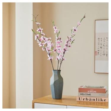 Imagem de Riymusry 3 peças de ramos artificiais de flor de cerejeira caules de flores de pêssego falso com folhas verdes, buquê de plantas falsas para vaso de casa, primavera, casamento, jardim, festa