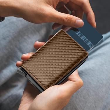 Imagem de Carteira masculina com suporte para cartão pop-up, carteira de poliuretano com bloqueio de RFID, design fino e minimalista com compartimento para dinheiro, bolso frontal para homens, comporta de 9 a