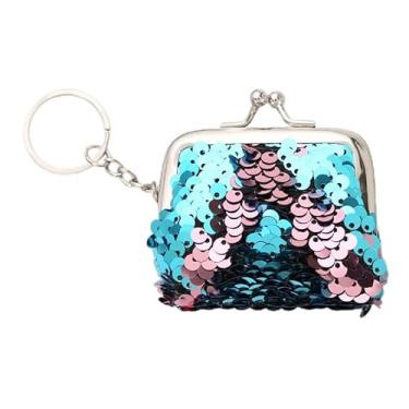 Imagem de Bolsa feminina de 7,6 cm com lantejoulas, porta-moedas, com chaveiro, brilhante, mini bolsa de troca de moedas, carteira de lantejoulas, Azul + rosa, Carteira feminina
