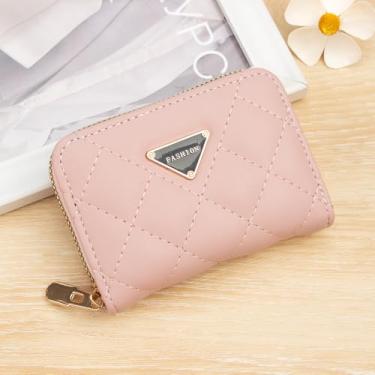 Imagem de Carteira feminina, porta-cartão compacto e fino, antifurto, organizador de cartão de couro com 9 compartimentos para cartão e janela para identidade, rosa