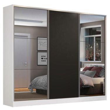 Imagem de Guarda Roupa Casal 3 Portas de Correr Espelho Branco e Preto