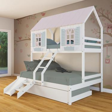 Imagem de Treliche Casal/ Solteiro Casinha Bela Com Kit Escada/escorregador - Madeira Maciça Branco/rosa/verde Megamobilia