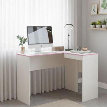 Imagem de Escrivaninha em L Bélgica Multiuso de Canto com Porta Cor:Branco/Rose 