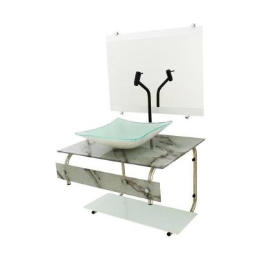 Imagem de Gabinete De Vidro 60Cm Inox Cuba Quadrada - Mármore Branco