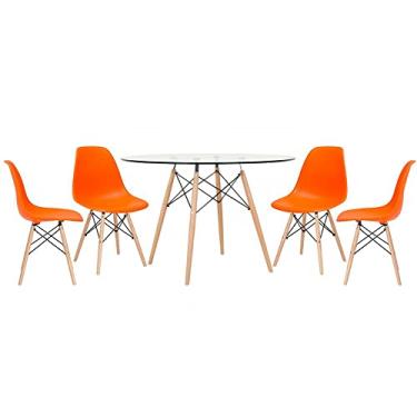 Imagem de Loft7, Mesa redonda Eames com tampo de vidro 120 cm + 4 cadeiras Eiffel DSW Laranja