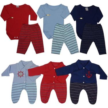 Imagem de Macacão, Body e Calça Recém-nascido Menino - Kit Com 9 Peças Cores Azul/Vermelho/Azul-marinho