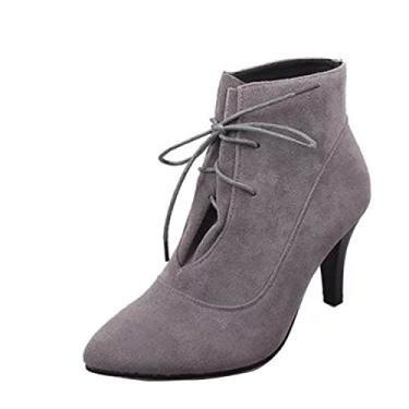 Imagem de Gaorui bota feminina de inverno de camurça sintética stiletto salto médio gatinha sapatos com cadarço, Cinza, 6