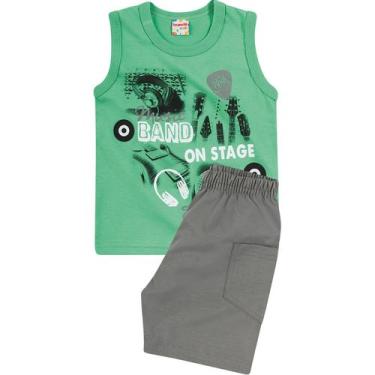 Imagem de Conjunto Bebê Brandili Camiseta Regata e Bermuda - Em Meia Malha e Sarja - Verde e Cinza