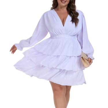 Imagem de Carrdc Vestidos plus size para mulheres curvilíneas manga lanterna longa cintura elástica vestido, Branco, 4X