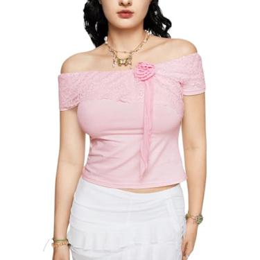 Imagem de Milumia Camiseta feminina de renda floral 3D ombro de fora manga curta com babados, rosa, P