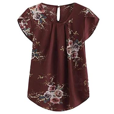 Imagem de Camiseta feminina de chiffon com gola canoa, manga curta, corte floral, medieval, rodada, blusa feminina 2024, D-768 Vinho vinho vinho, XG