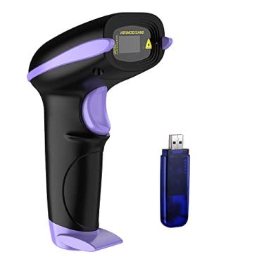 Imagem de NADAMOO Scanner de código de barras sem fio, distância de transmissão, USB, sem fio, 1D, a laser, automático, leitor de código de barras com receptor USB para loja, supermercado, armazém – Violeta