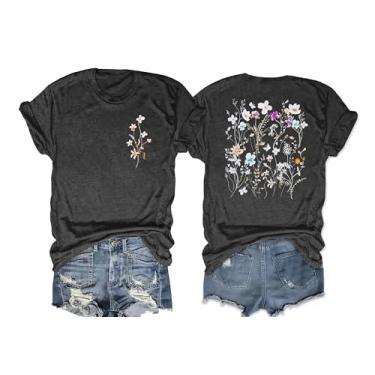 Imagem de Camiseta feminina com flores vintage: camiseta floral boho estampa flores silvestres camisetas manga curta casual tops, Cinza escuro - 2, G