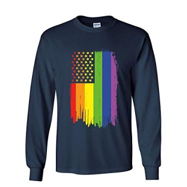 Imagem de Tee Hunt Camiseta de manga comprida com bandeira do arco-íris do orgulho gay envelhecido LGBTQ Love Wins, Azul-marinho, P