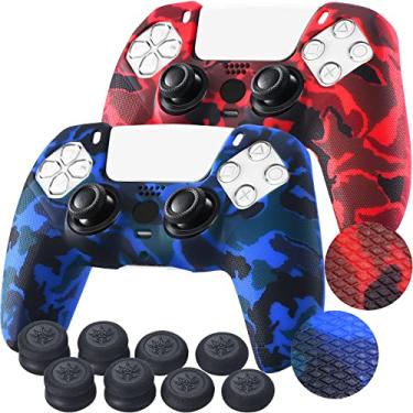 Imagem de YoRHa Grip Texture Printing Silicone Cover Skin for PS5 Controller x 2(Camouflage Red+Blue) with Pro Thumb Grips x 8