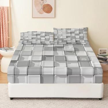 Imagem de Eojctoy Jogo de lençol casal - 4 peças de cama cinza com estampa quadrada - microfibra leve super macia e fácil de cuidar - resistente ao encolhimento e desbotamento - lençol com elástico fácil de