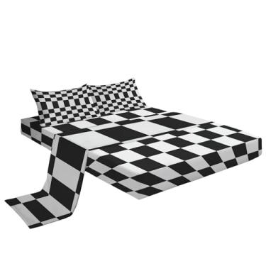 Imagem de Eojctoy Jogo de lençol King - Lençóis de cama respiráveis ultra macios - Lençóis escovados luxuosos de bolso profundo - Microfibra preto e branco padrão quadriculado roupa de cama enrugada, cinza