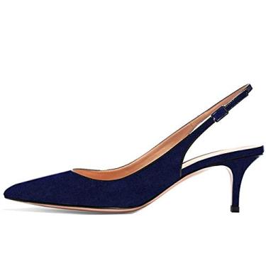 Imagem de Divanne Sandálias femininas de salto baixo bico fino com tira nas costas, salto gatinho, sapatos de festa noturna, casamento, Camurça azul marinho, 8