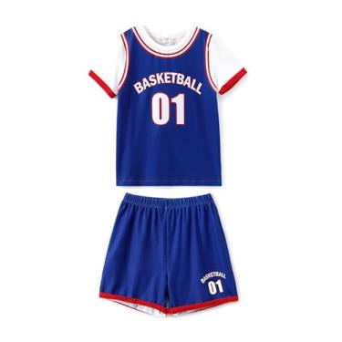Imagem de PATPAT Conjunto de roupas esportivas de verão para meninos, conjunto de camiseta e shorts com estampa listrada de 2 peças, Azul frio, 6-7 Anos