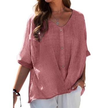 Imagem de Camiseta feminina europeia e americana algodão e linho básica gola V camiseta solta casual pulôver manga curta, rosa, M