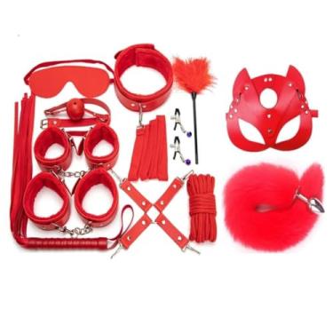 Imagem de Kit 12 Peças Brinquedos Sexuais para Adultos, Jogos Eróticos, Algemas, Braçadeiras de Mamilo, Corda Chicote Mordaça, Produtos Sexuais (Vermelho)
