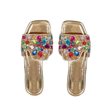 Imagem de MakeMeChic Sandálias femininas de strass com bico quadrado deslizante de couro com glitter, Dourado, 35