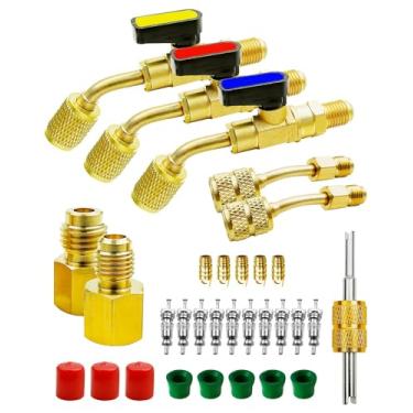 Imagem de Válvula esférica compacta angular refrigerante de ar condicionado para R410A R134A R12 R22 HVAC, kit de acessórios de baixa perda, adaptador de bomba de vácuo e vedação de mangueira e juntas e núcleo