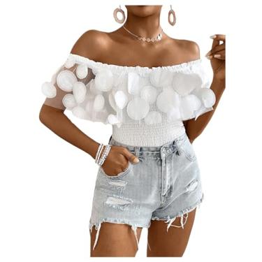 Imagem de BEAUDRM Camiseta feminina de verão com ombros de fora, franzida, manga curta, malha de renda floral, Branco, M