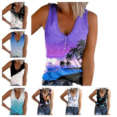 Imagem de Regatas femininas de malha canelada camiseta floral sem mangas gola V camiseta casual verão roupas abotoadas camiseta colete, Azul 3, XXG
