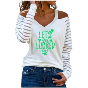 Imagem de Nagub Camiseta feminina Happy St Patricks Day, manga comprida, gola V, trevo da Irlanda, ombros de fora, camisas modernas, plus size, túnica, Lucky, XXG