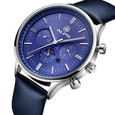 Imagem de ALPS Relógio masculino à prova d'água, calendário, cristal de safira, submostradores, azul, couro legítimo, relógio social masculino, Relógio masculino azul, Leather-2, alça