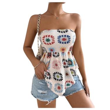 Imagem de WDIRARA Camisetas femininas com estampa floral bandeau cropped bainha assimétrica de malha franzida sem alças, Multicor, G