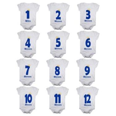 Imagem de Kit 12 Body Bebê Calupa Mesversario Manga Curta Estampa Números 1 A 12 Meses Masculino-Masculino