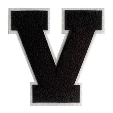 Imagem de Grozon Remendos de letras universitárias branco chenille letras 10,5 cm Letterman Jacket remendos ferro em letras para roupas (Preto-V)
