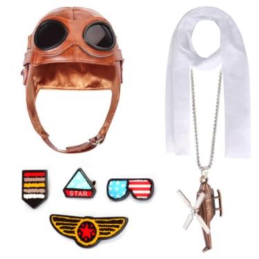 Imagem de Kyson Kids Aviator Costume Leather Aviator Hat With Goggles White Scarf Brooch for Boys Girls Halloween Aviation Theme Party (Set A)