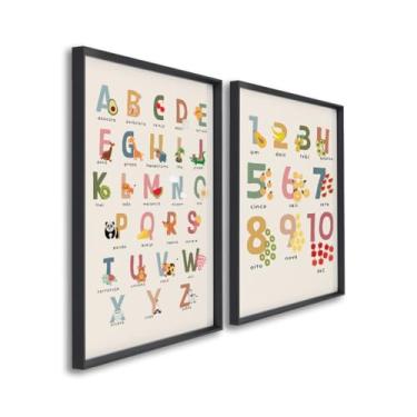 Imagem de Quadro Decorativo Duplo Aprendendo com Alegria ABC e Números em Frutas e Animais (Preto, 50x75 C/Vidro)