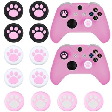 Imagem de Conjunto de 14 peças de capas de controle rosa antiderrapantes capa protetora de silicone compatível com controle Xbox One/S/X sem fio/gamepad com fio joystick com 12 punhos de pata de gato
