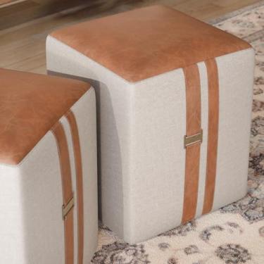 Imagem de Conjunto Puff puf Banqueta Couro Linho 45X35 -Domus- Bege