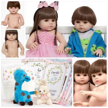 Imagem de Bebe Reborn Gêmeos Cabelo Castanho 46cm + Kit Acessórios - Cegonha Reb