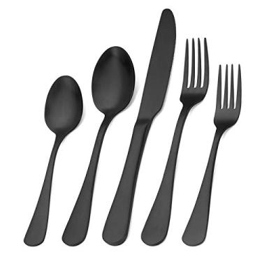 Imagem de Conjunto de talheres de prata, conjunto de talheres de aço inoxidável de 20 peças, serviço de utensílios de cozinha para 4, conjunto de talheres de mesa para casa e restaurante, seguro para lava-louças, Matte Black 40P, 40-Piece