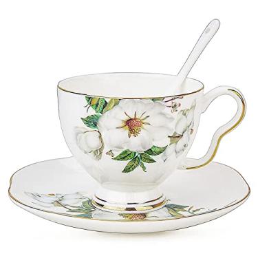 Imagem de Xícara de chá de porcelana e pires KITCHENEXUS Xícara de chá de cerâmica vintage com acabamento dourado Elegante xícara de chá floral e pires com colher combinando Conjunto de xícara de café britânica de xícara de chá (200 ml)