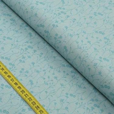 Imagem de Tecido Blend de Linho Para Patchwork - Flores com Raminhos Azul Capri 